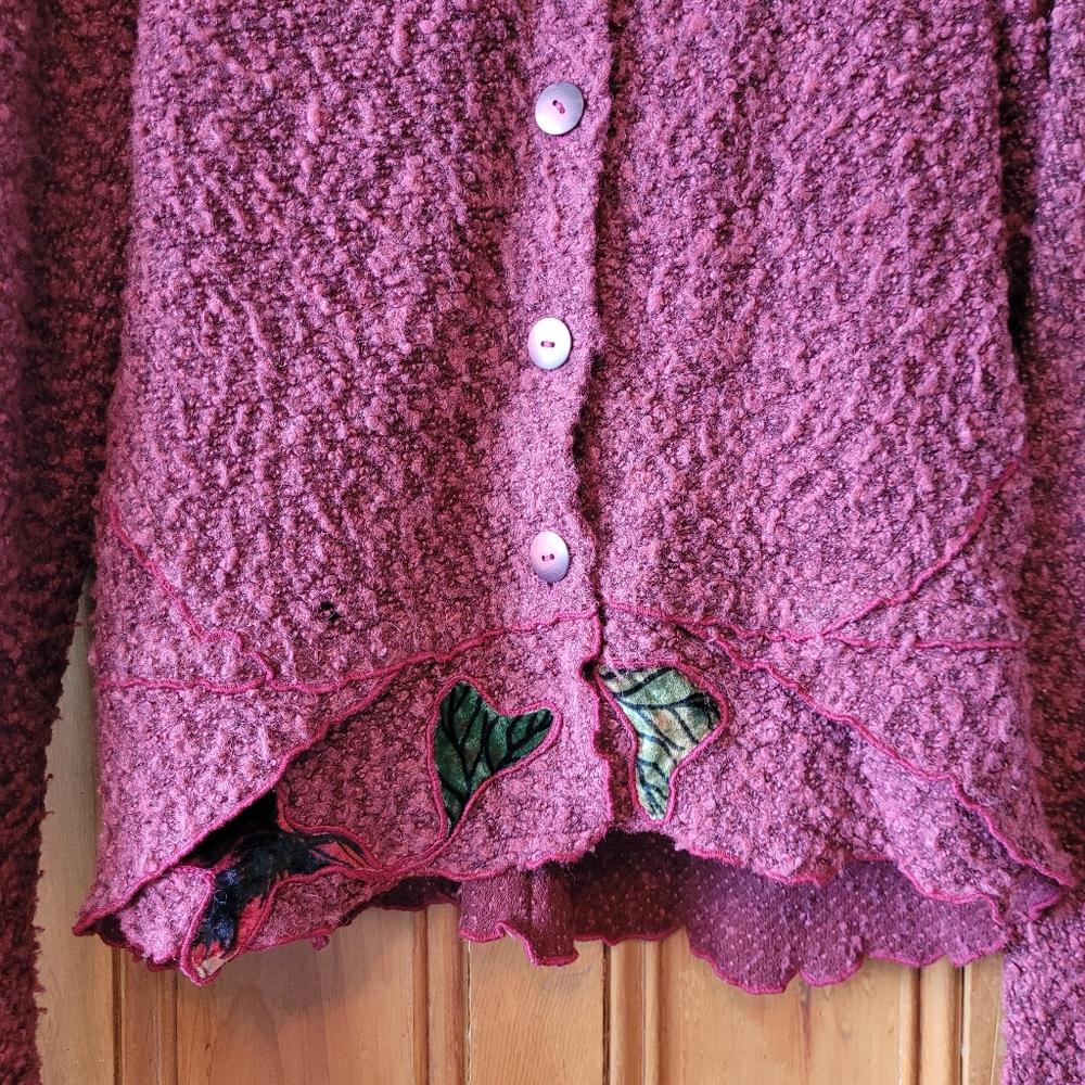 Vintage 90s Y2K Fairycore Whimsigoth Knit Cardigan Velvet Leaf Appliqué S/M - Picture 4 of 12
